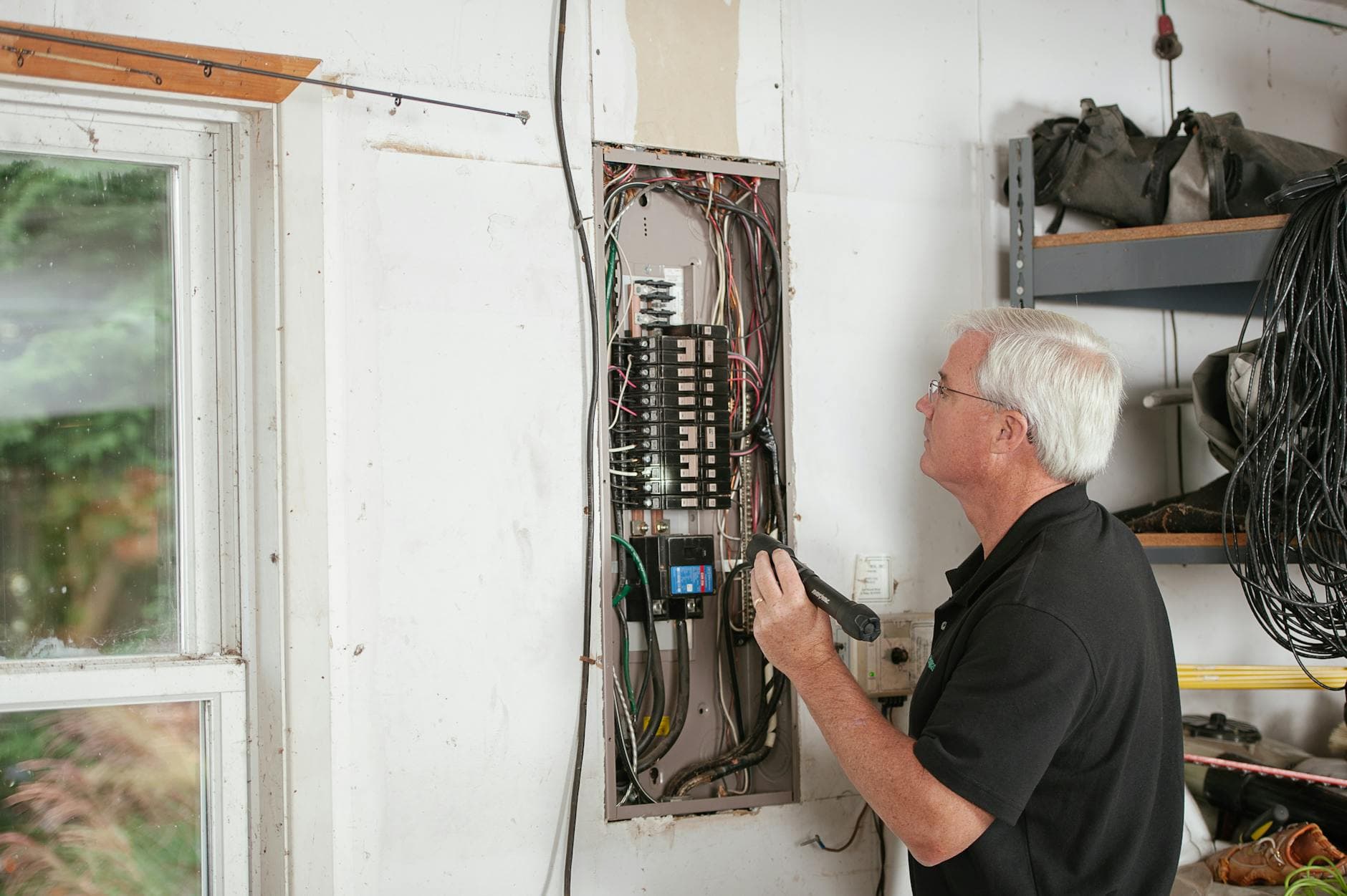 Electrician working on a wiring panel